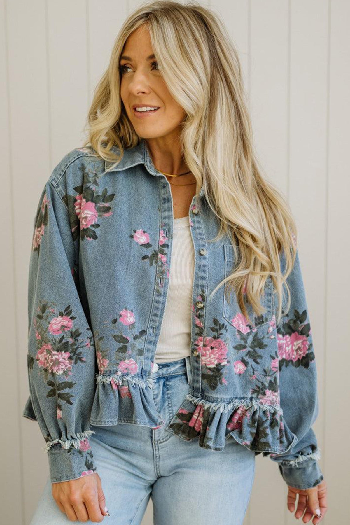 Floral Denim Jacket Ruffle Hem Puff Sleeve Cropped