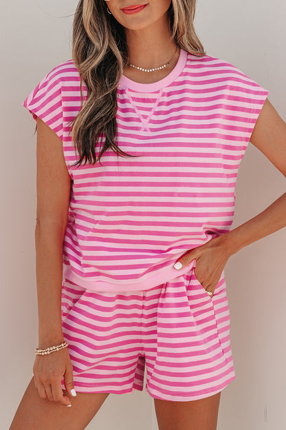 Pink Stripe Cap Sleeve Top and Elastic Waist Shorts Set