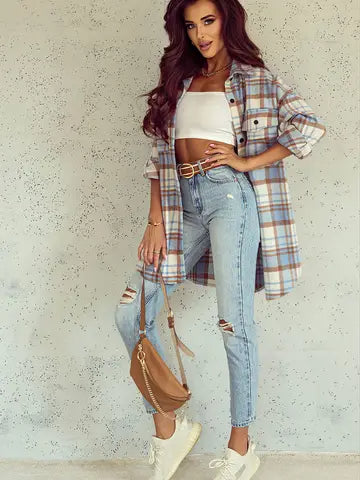 Plaid Long Sleeve Shacket with Flap Pockets
