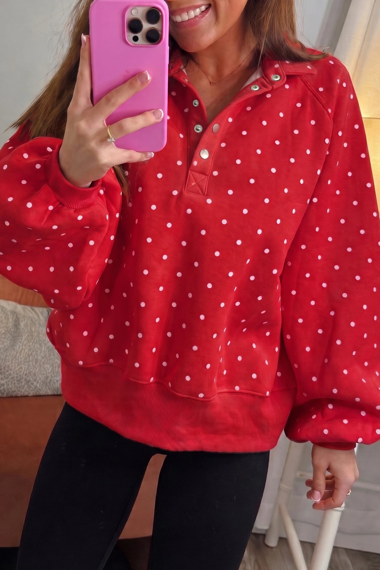 Polka Dot Button Collar Pullover Sweatshirt