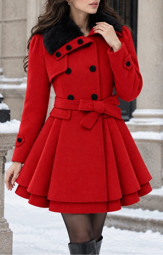 Plus Size Double Breasted Belted Wool Coat Faux Fur Collar