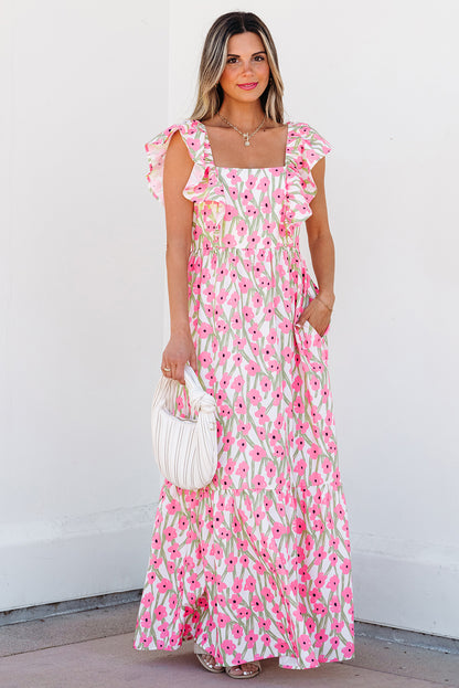 Pink Floral Square Neck Ruffle Sleeve Maxi Dress
