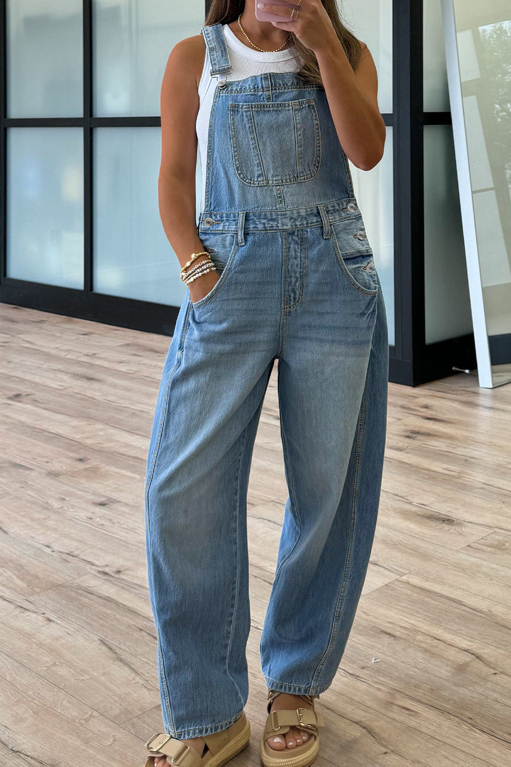 Dusk Blue Barrel Leg Denim Overalls