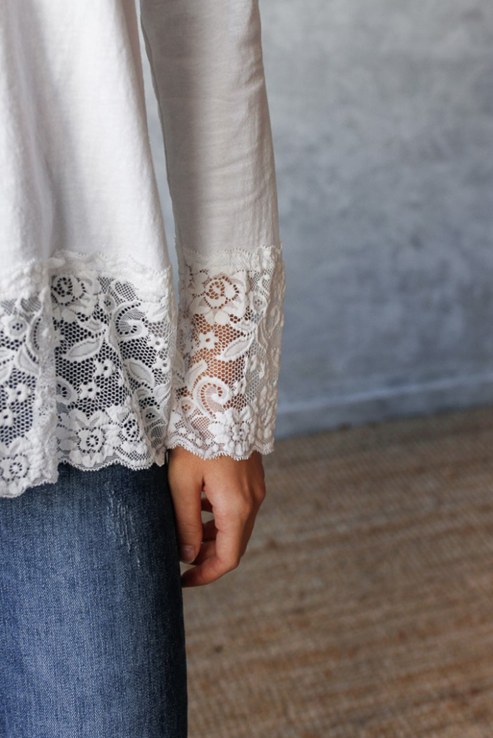 White V Neck Lace Trim Long Sleeve Soft Casual Top