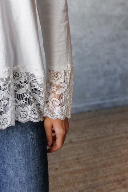 White V Neck Lace Trim Long Sleeve Soft Casual Top
