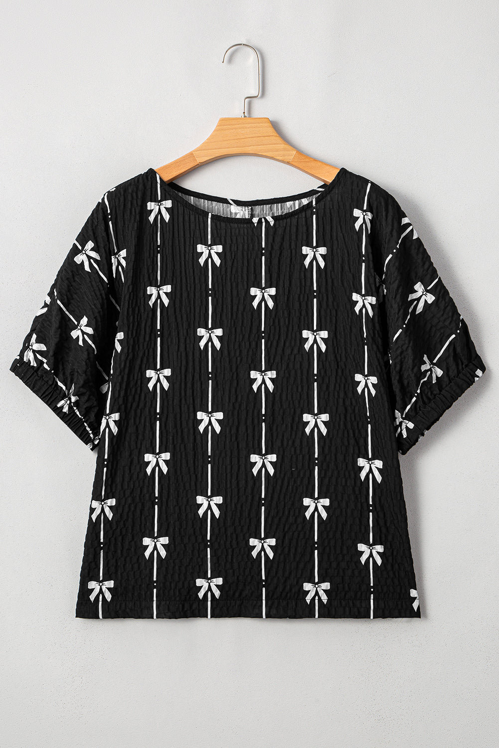 Beige Bow Print Puff Sleeve Blouse Casual Top