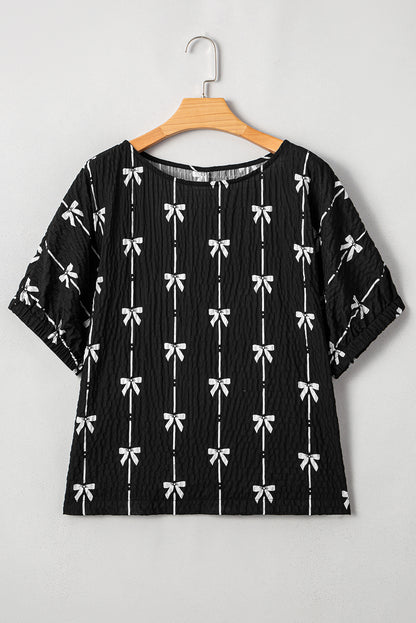Beige Bow Print Puff Sleeve Blouse Casual Top
