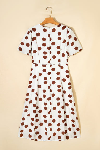 Polka Dot V Neck Tie Waist Short Sleeve Midi Dress