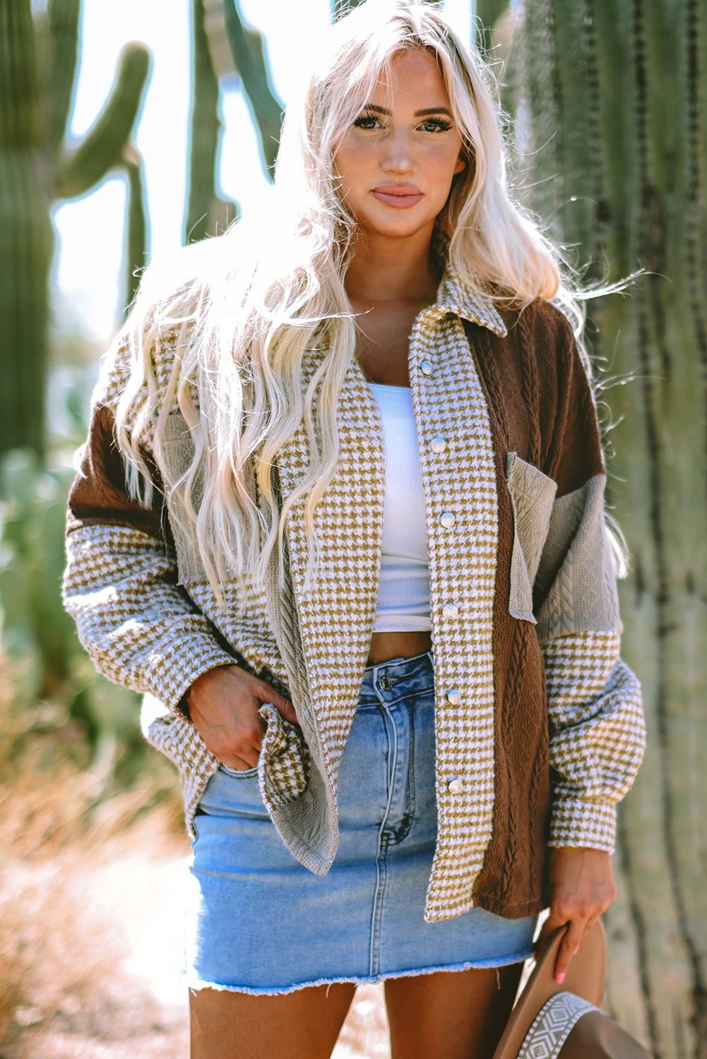Khaki Houndstooth Color Contrast Textured Patchwork Shacket