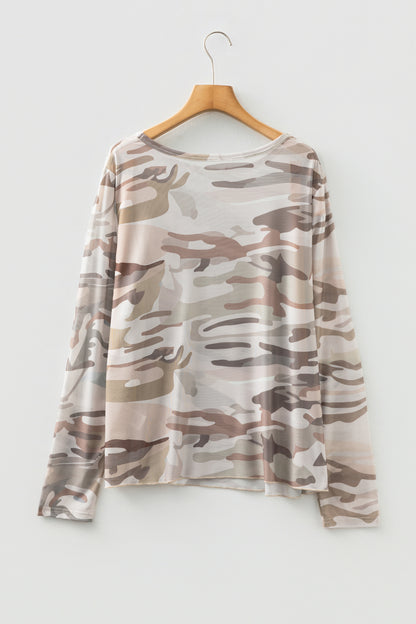 Plus Size Camo Mesh Long Sleeve Top Western Style