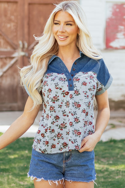 Floral Color Block Polo Henley Button Casual Top