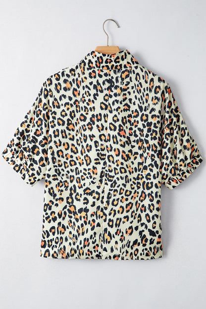 Khaki Leopard Color Block Stripe V Neck Loose Blouse