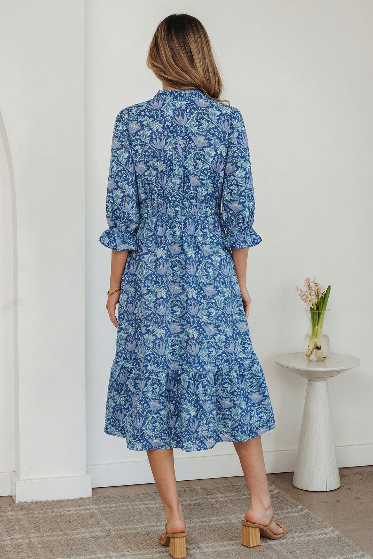 Floral V Neck Midi Dress Women Casual Boho Dress