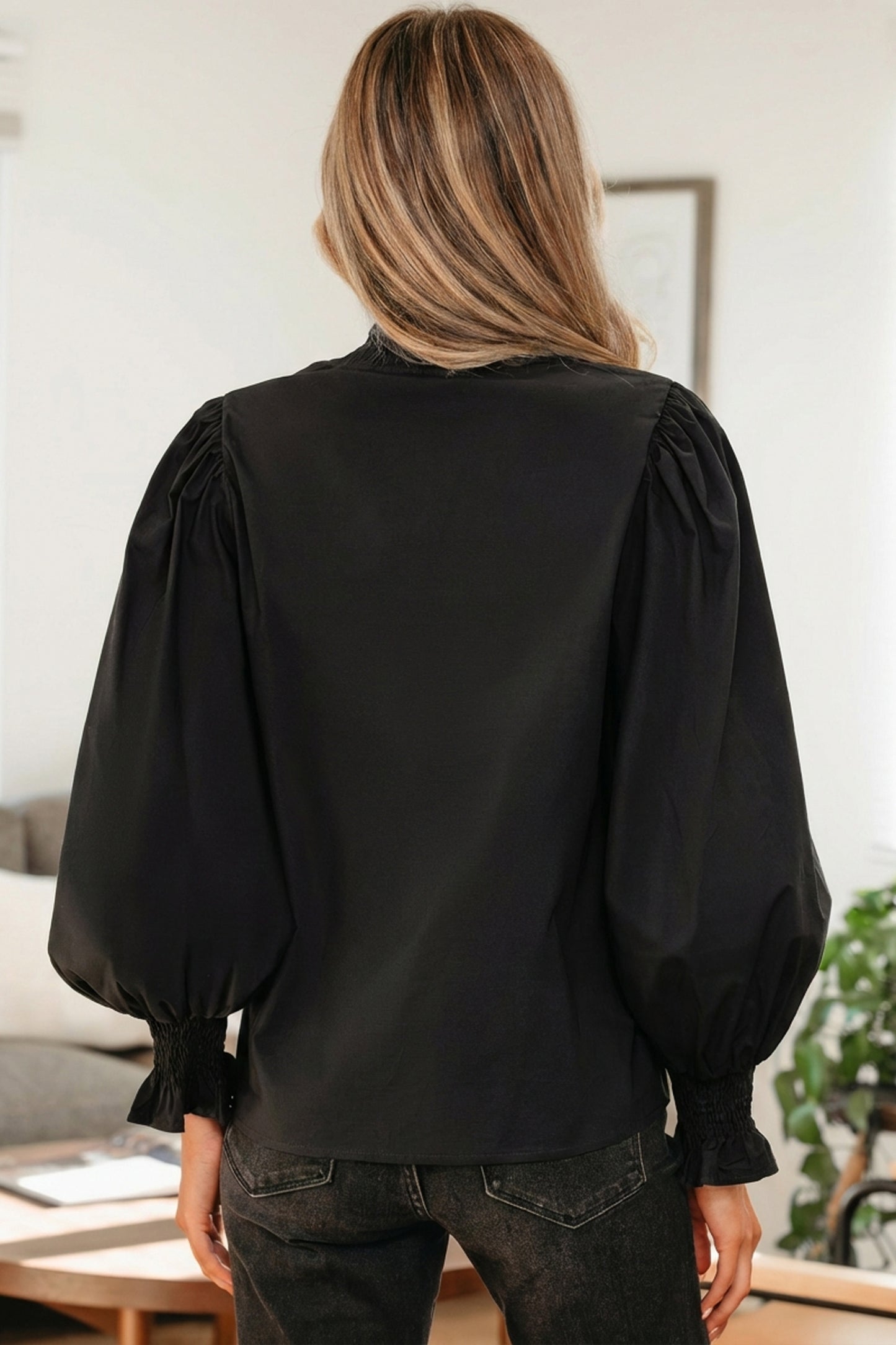 Evergreen Puffy Flounce Sleeve Leopard Trim V Neck Blouse