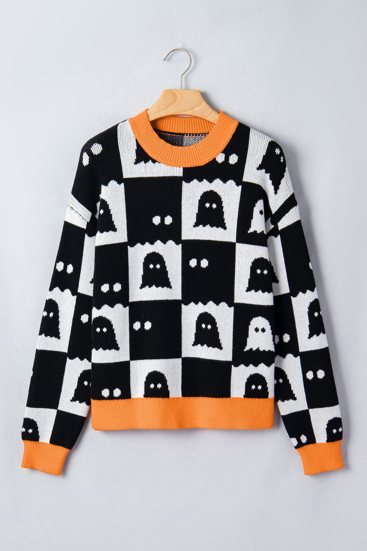 Halloween Ghost Print Checkerboard Knit Sweater