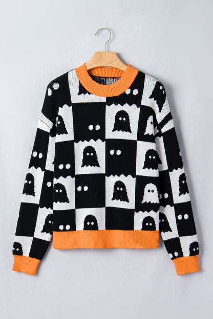 Halloween Ghost Print Checkerboard Knit Sweater