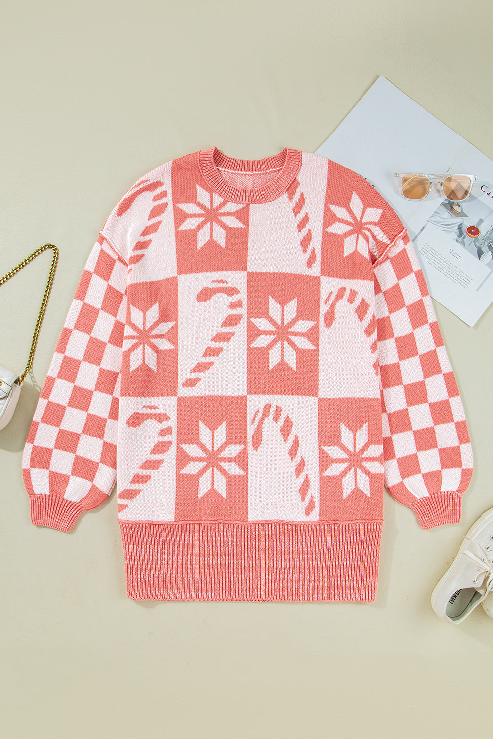 Pink Candy Cane Snowflake Plaid Christmas Oversized Sweater