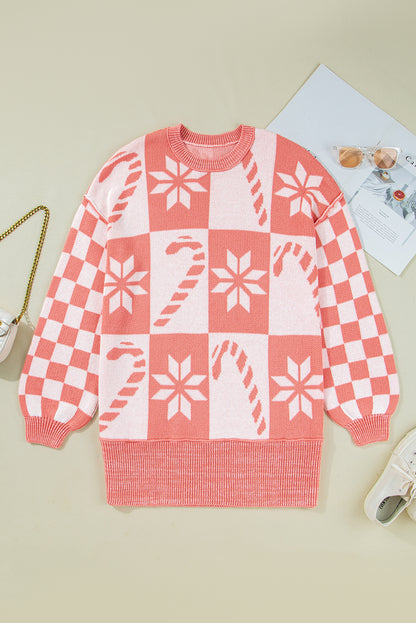 Pink Candy Cane Snowflake Plaid Christmas Oversized Sweater