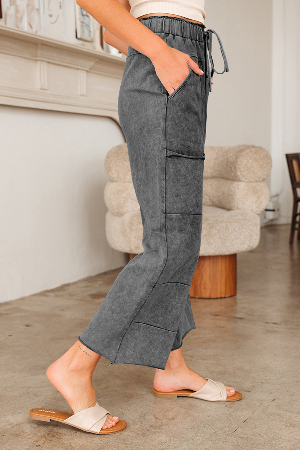 Mineral Wash High Waist Wide Leg Pants with Pockets