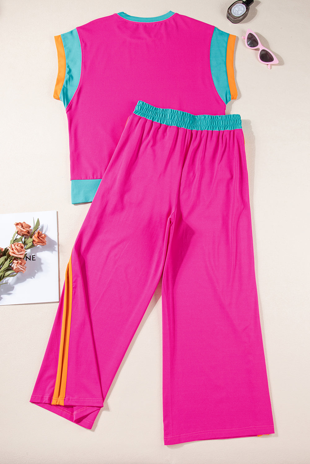 Color Block Lounge Set Wide Leg Pants 2 Piece