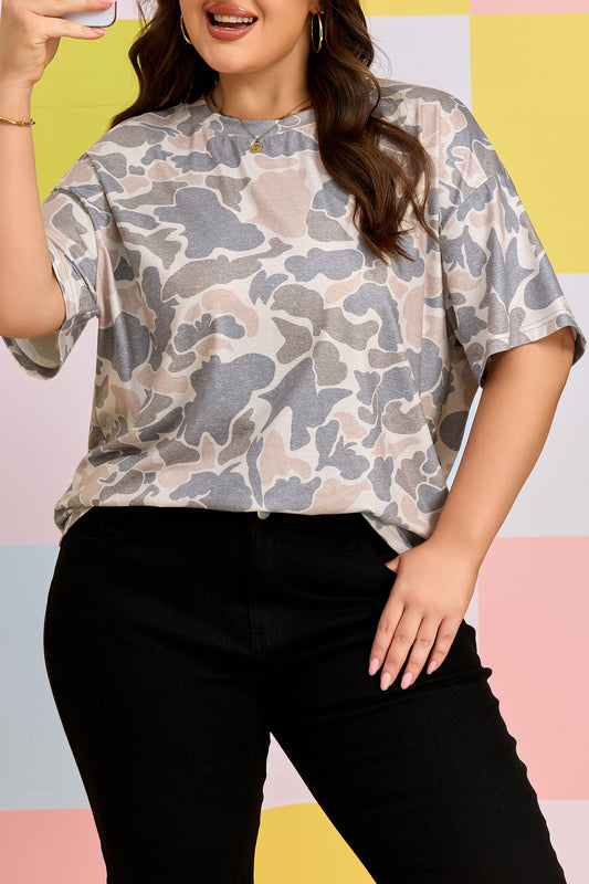 Plus Size Retro Camouflage Tee – Multicolor Casual Top