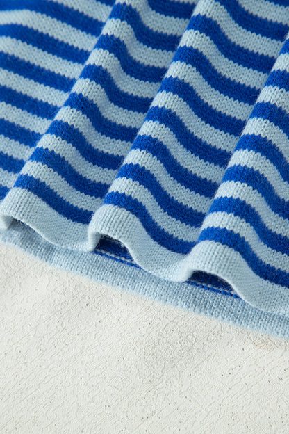 Blue Stripe Knit Cardigan Half Sleeve Button Front Sweater