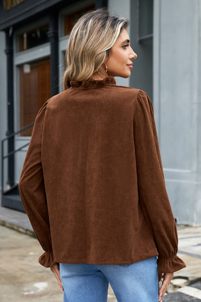 Coffee Corduroy Ruffle V Neck Button Shacket