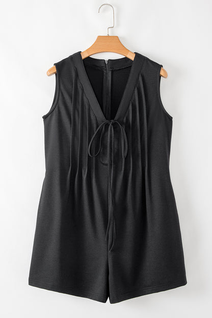 Black V Neck Tie Front Sleeveless Romper