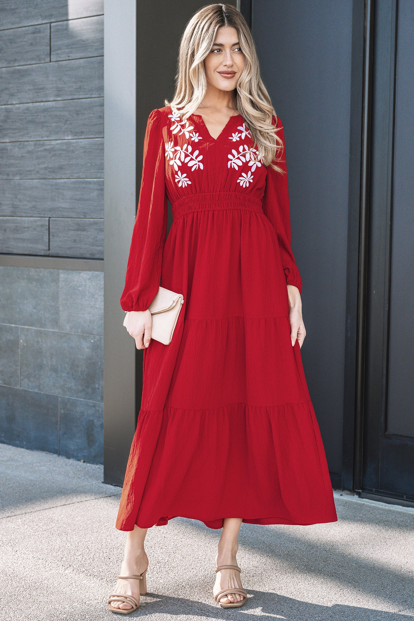 Racing Red Embroidered Cinched Waist Tiered Maxi Dress
