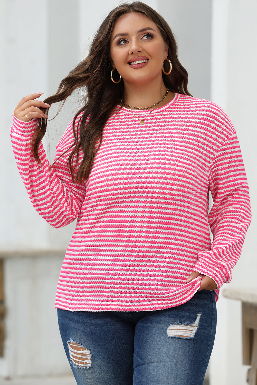 Black Stripe Round Neck Drop Shoulder Long Sleeve Top