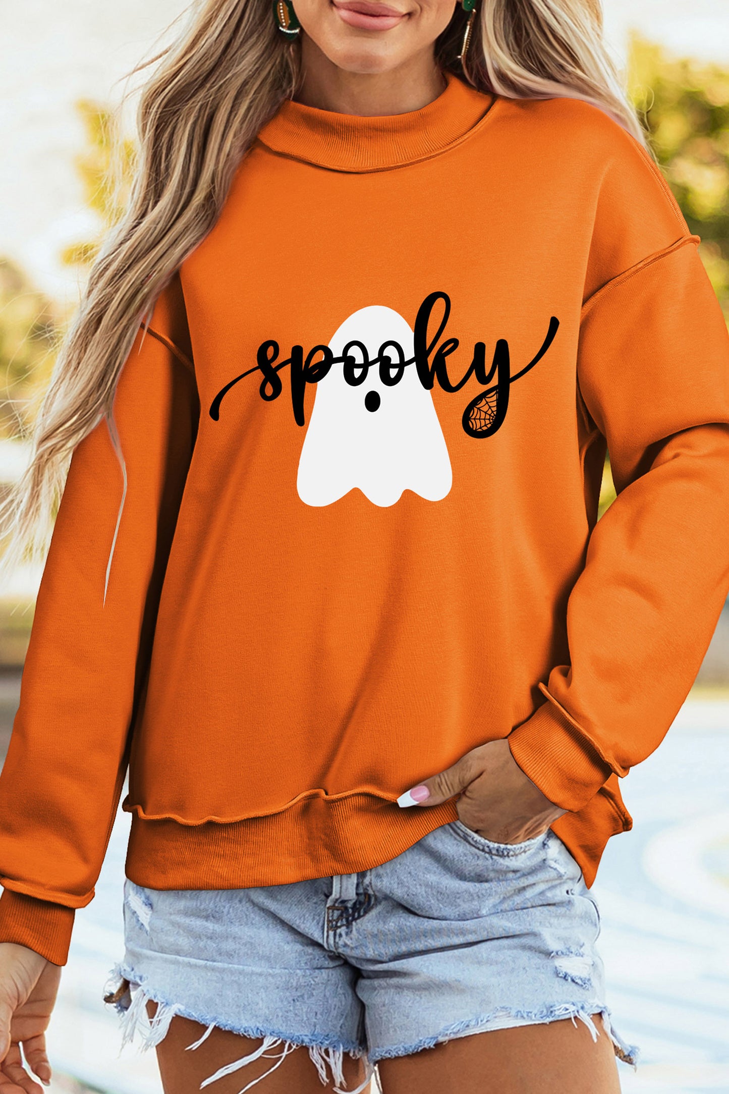 Reversible Ghost BOO Mock Neck Halloween Sweatshirt