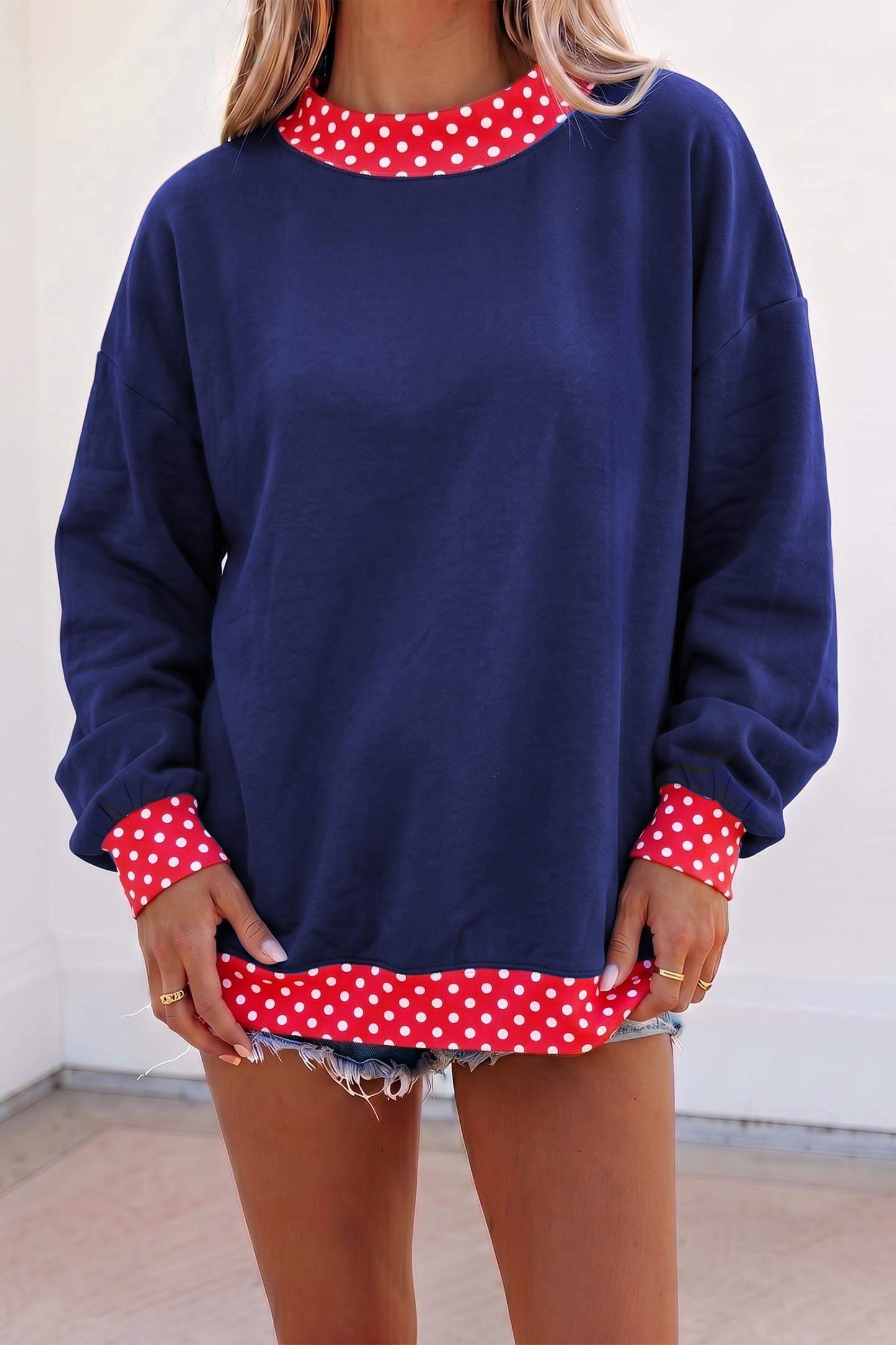 Red Polka Dot Trim Oversized Colorblock Sweatshirt