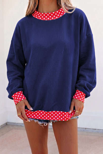 Red Polka Dot Trim Oversized Colorblock Sweatshirt