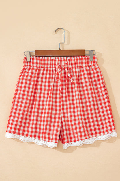 Gingham High Waist Tie Lace Trim Casual Shorts Women