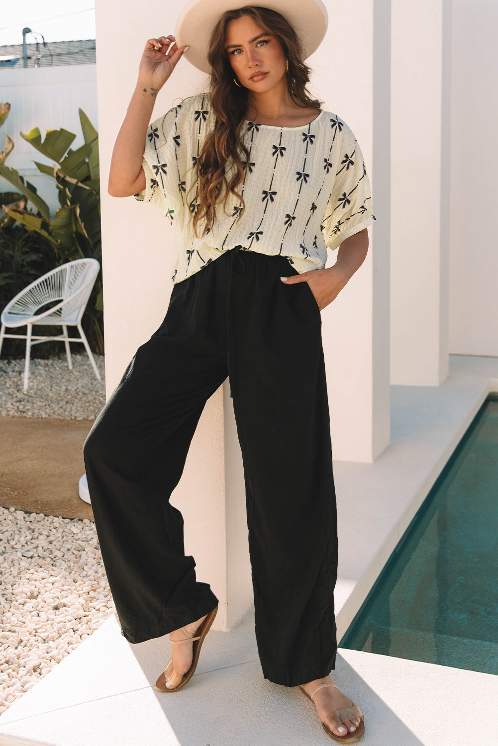 Women’s Beige Bow Print Puff Sleeve Casual Top