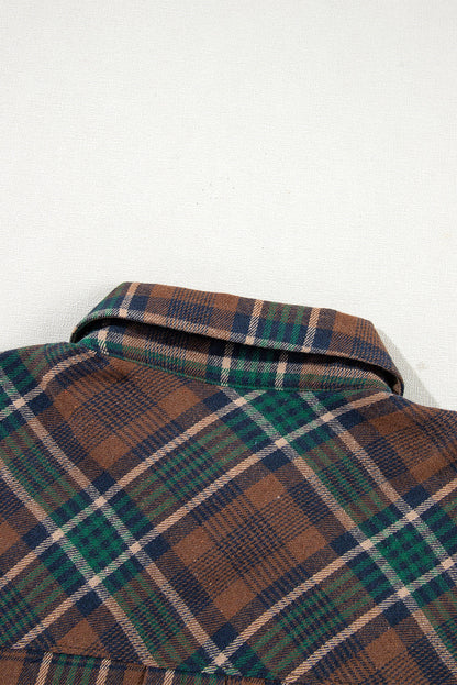 Brown Plaid Button-Down Shacket with Chest Pockets