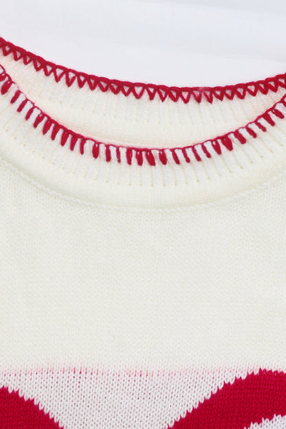 White Christmas Bow Contrast Trim Loose Knit Sweater