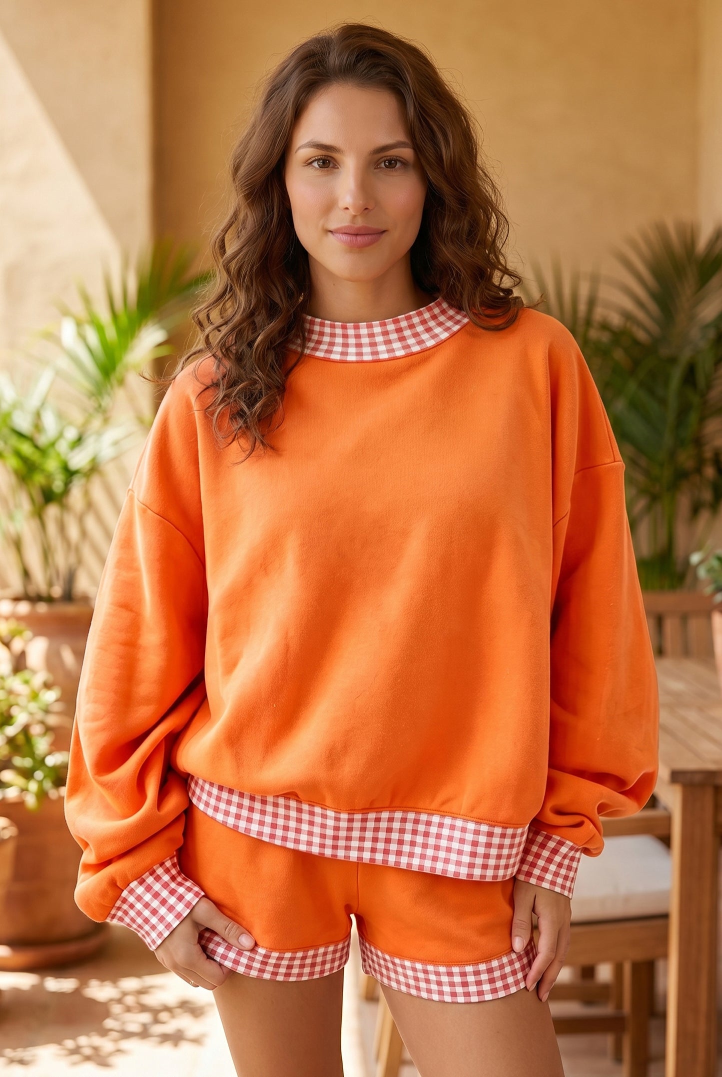 Red Gingham Trim Sweatshirt Shorts Two Piece Set
