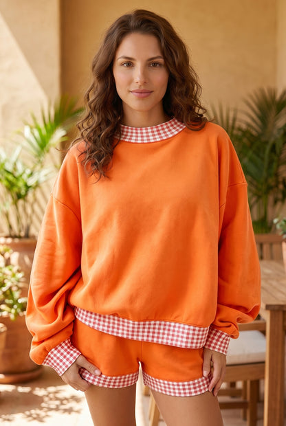 Red Gingham Trim Sweatshirt Shorts Two Piece Set
