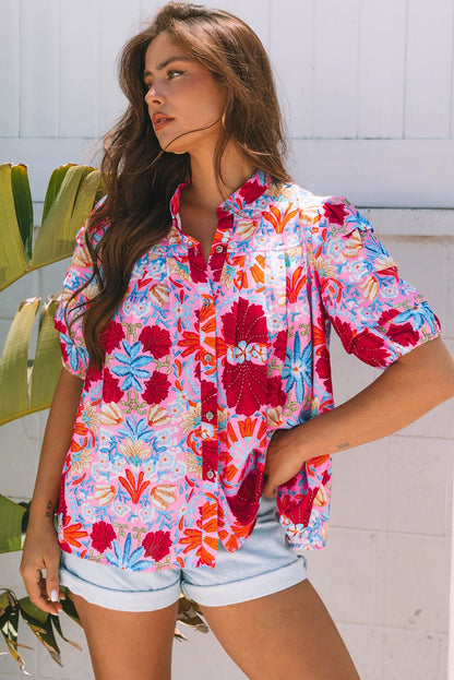 Pink Floral Print Bubble Sleeve Button Up Pleated Shirt