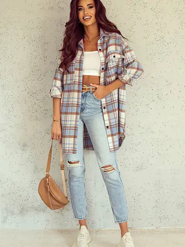 Plaid Long Sleeve Shacket with Flap Pockets