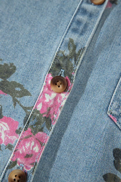 Floral Denim Jacket Ruffle Hem Puff Sleeve Cropped