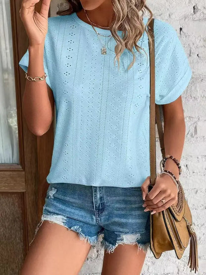 Solid Eyelet Short Sleeve Tee Loose Fit Casual Summer Top