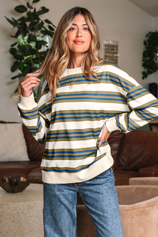 Striped Crew Neck Drop Shoulder Casual Pullover Sweatshirt