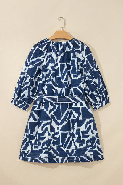 Blue Abstract Print Zip Front Tie Waist Mini Dress