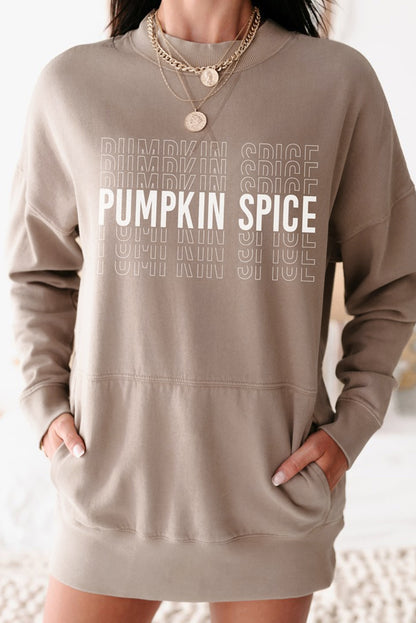 Khaki Pumpkin Spice Print Ribbed Trim Sweatshirt Dress