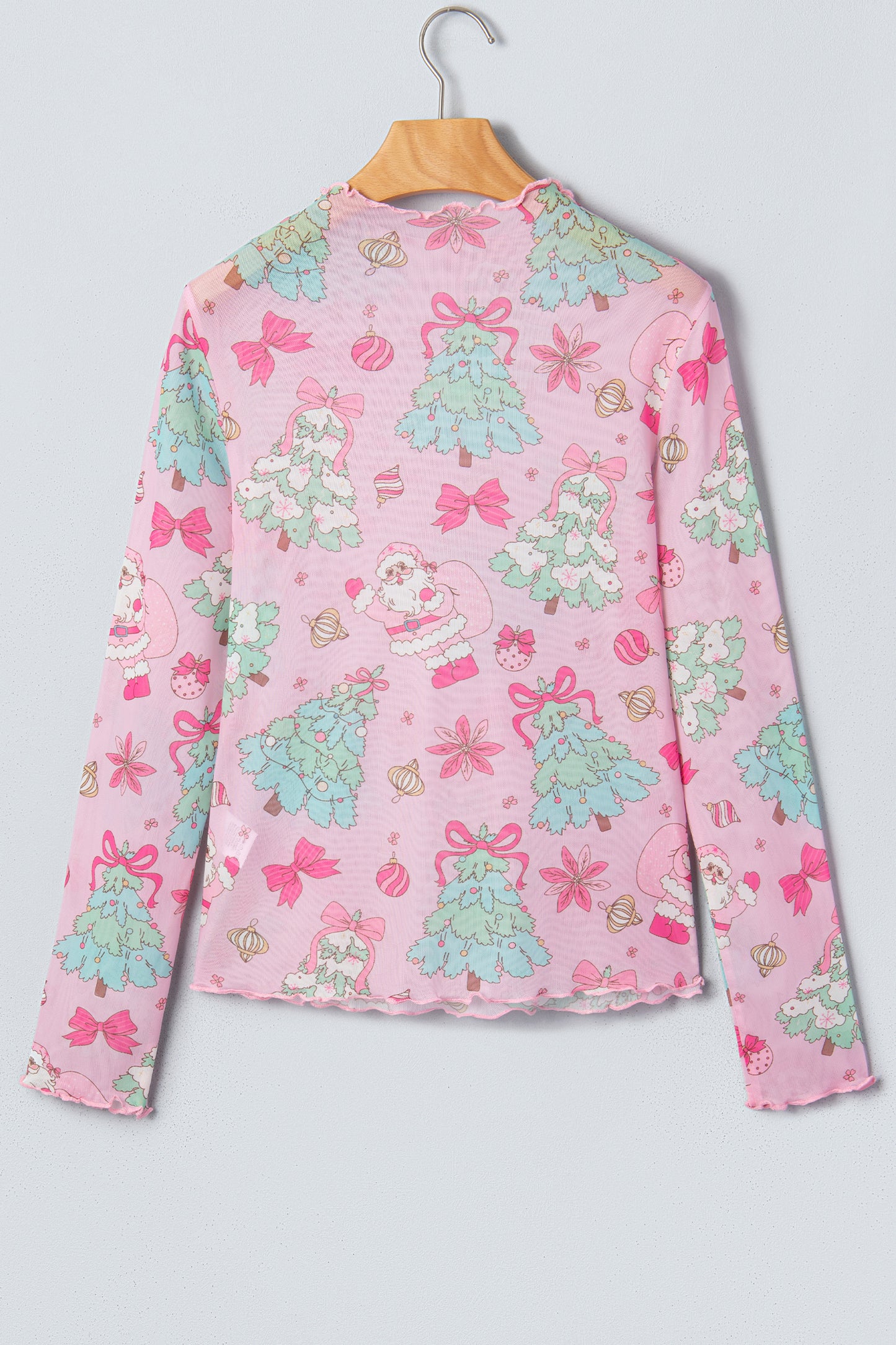 Pink Christmas Print Mock Neck Mesh Long Sleeve Top