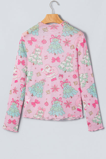 Pink Christmas Print Mock Neck Mesh Long Sleeve Top