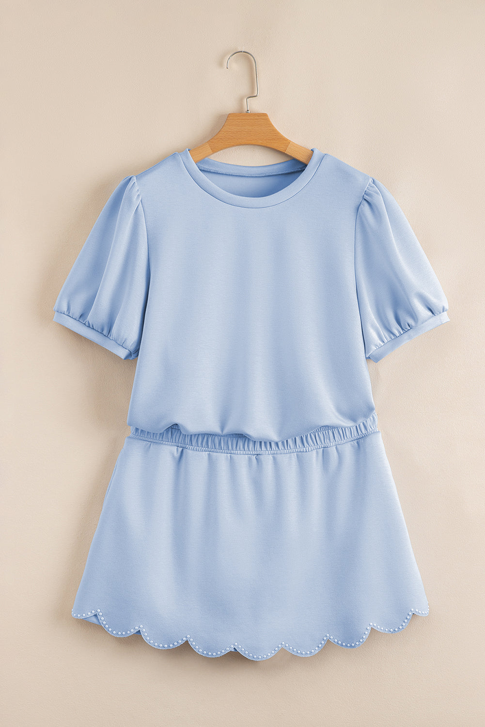 Scalloped Hem Puff Sleeve Lounge Set Casual Two Piece