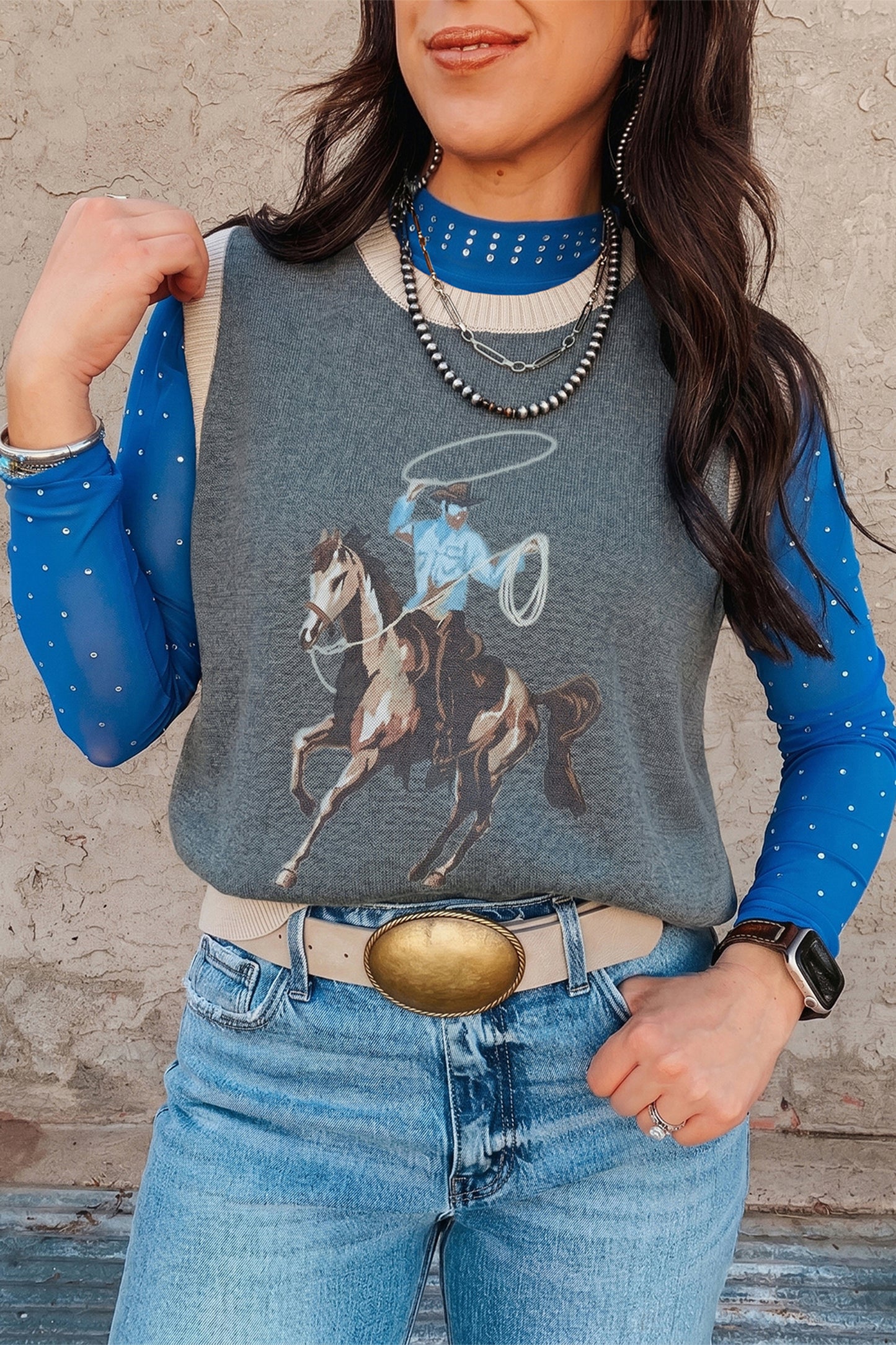 Khaki Western Cowboy Horse Print Knit Sweater Vest